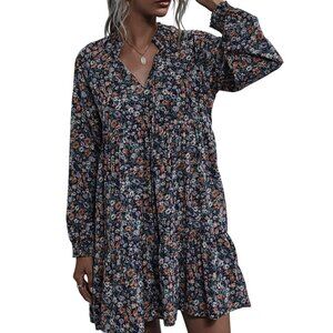 Shein Women Floral Print Long Sleeve Dress SZ S Tiered Boho Mini Dress V Neck